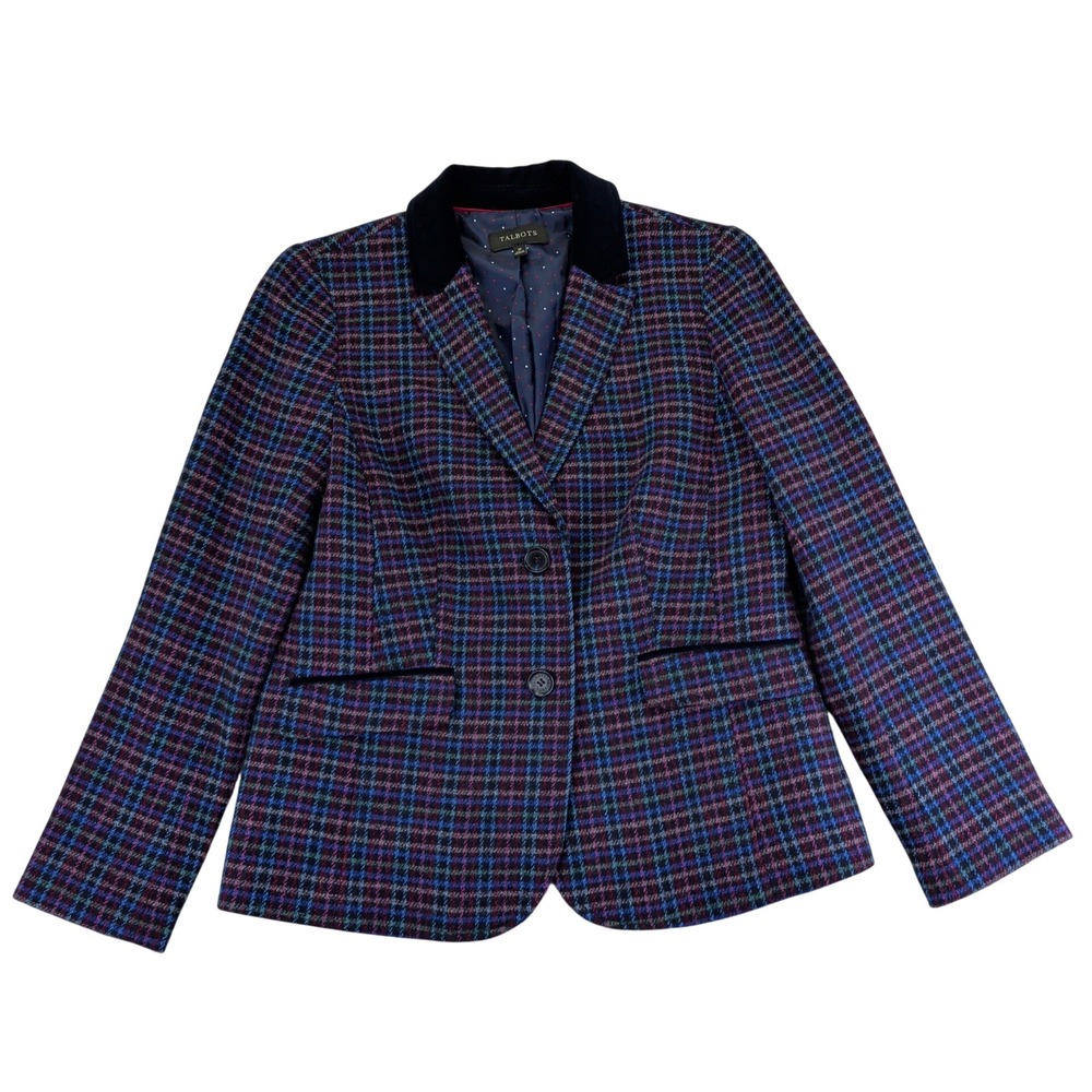 Talbots Women's 10 Plaid‎ Blazer Velvet Collar Wool Blend Blue Purple Retro Vtg